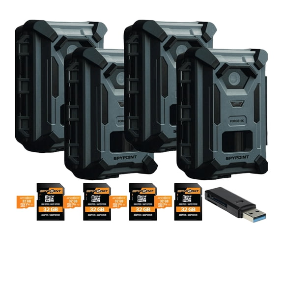 Spypoint Force 40MP 4K Trail Camera (4 Pack) Bundle with 32GB Memory Card and Card Reader (9 Items)