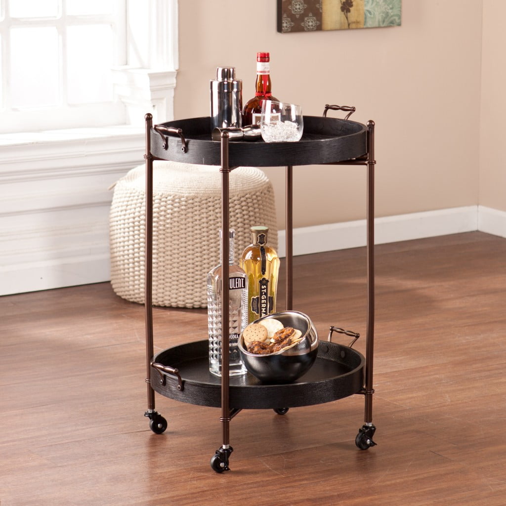 Spyro Black and Bronze Round Rolling Bar Cart with Storage