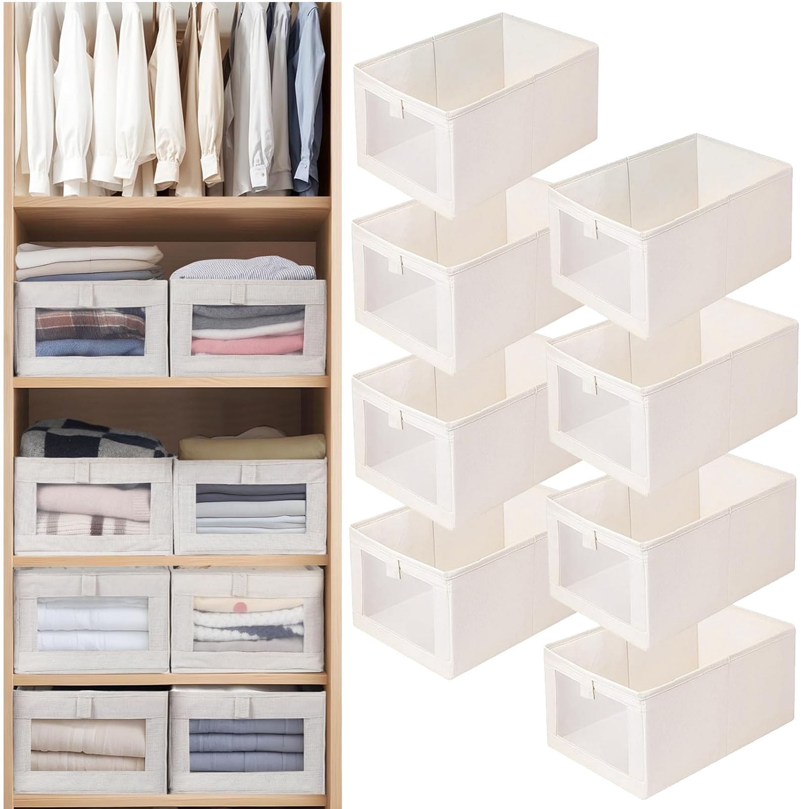 3 Pack Linen Storage Bins With Clear Window - Foldable Fabric Organizers For Closet, Shelves (15.7x11x6.7in)