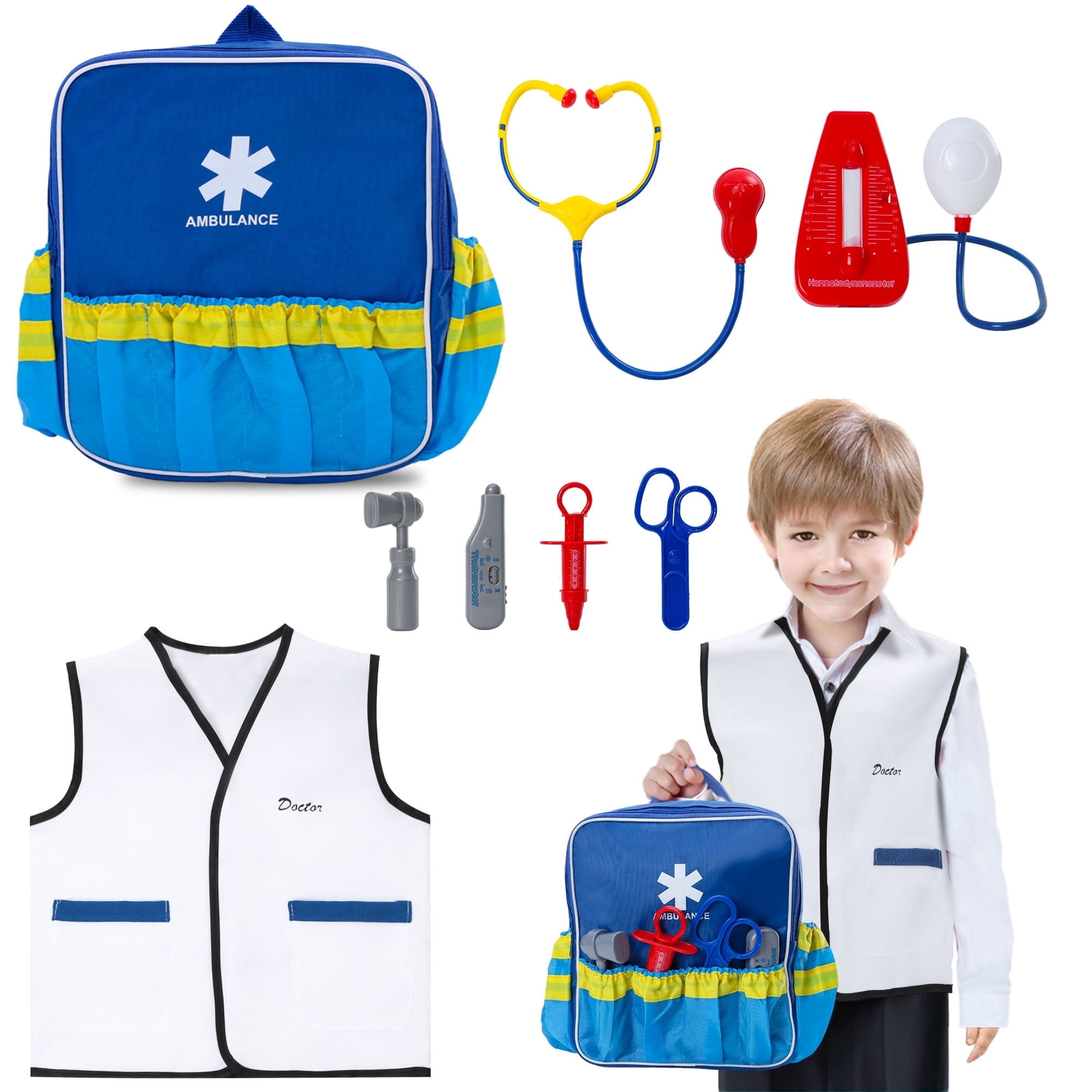 Sqnox Doctor Kit Pretend Play for Toddler 3-5, Kids Doctors Play Set, Dr Dress up & 6 Pieces Plastic Toys for Boys & Girls
