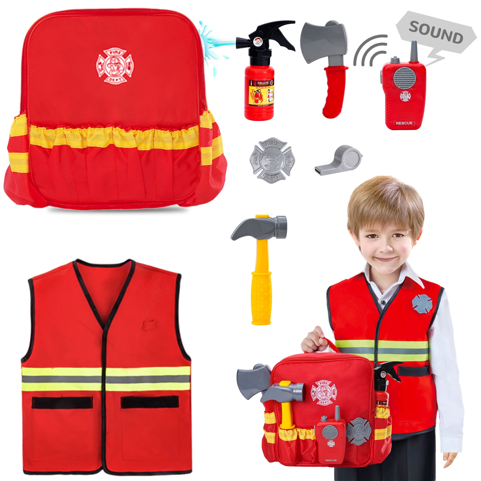 Sqnox Fireman Career Dress up Sets, Educational Pretend Play for Kids 8 Pcs, Fireman Role Play