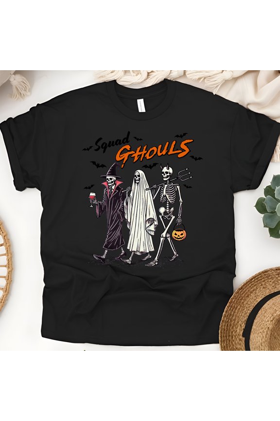 Squad Ghouls Graphic Tee | Funny Skeleton and Ghost Shirt for Women, Black, Size XL