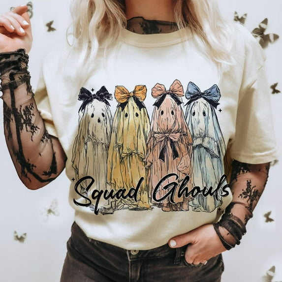 Squad Ghouls Halloween T-Shirt, Coquette Gothic Girly Tee, Iridescent Ghost Pumpkin Shirt, Cute Spooky Season Outfit