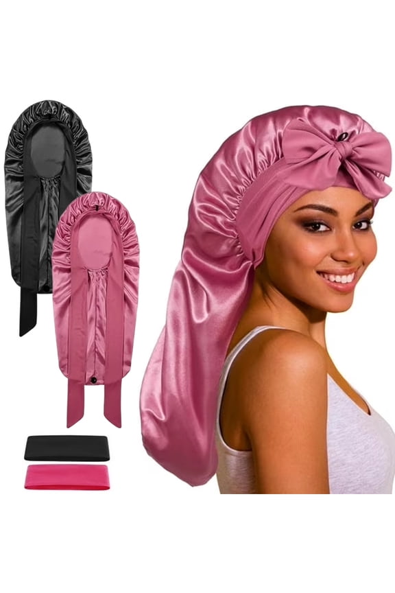 Squae 2pcs Long Bonnet Satin Bonnet with Tie Band for Sleeping Women, Double Layer Silk Sleep Cap, Braid Bonnet with Stretchy Tie BandRose redBlack