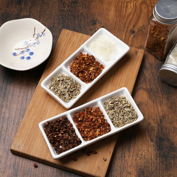 Squalise BESTONZON 2pcs 6 Inch Pure White Ceramic 3-Compartment Appetizer Serving Tray Rectangular Divided Sauce Dishes for Spice Dish Soy Sauce