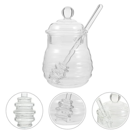 Squalise Clear Honey Jar with Dipper and Lid 250ml Glass Honey Pot Honey Dispenser Honey Syrup Sugar Container for Home Kitchen