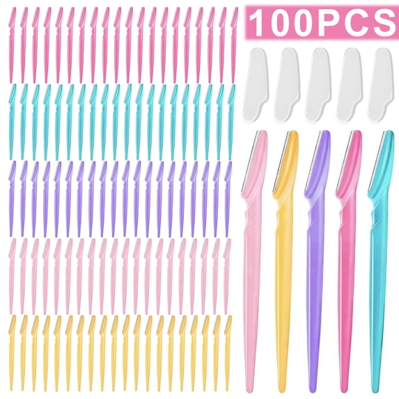 Square 100-pack dermaplane razors, pink and multi-color facial shaver tool for exfoliation and eyebrow trimming