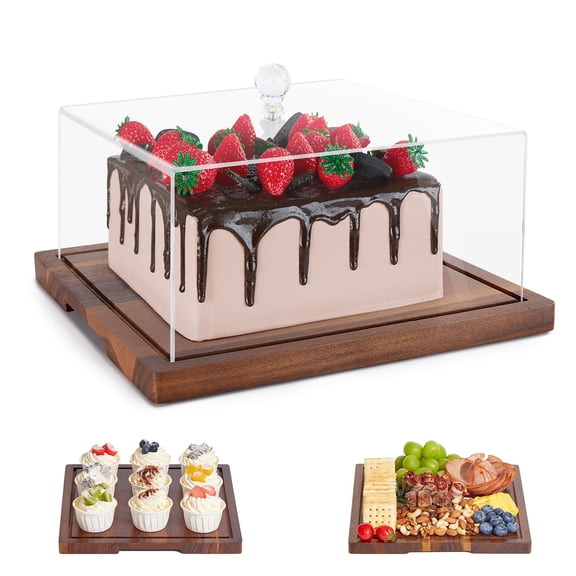 Square 11*11*5.56 Wood Cake Stand With Lid 2-in-1 Dessert Charcuterie Display Set