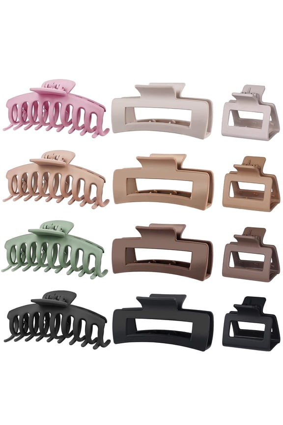 12-Pack Nonslip Matte Hair Claw Clips for Women - Large & Medium Size Set (4.33” & 1.97”), Strong Hold for Thin, Thick & Curly Hair, Multicolor Claw Clips for Updo, Bun & Ponytail