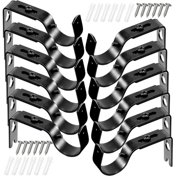 Square 12 Pcs Curtain Rod Brackets Adjustable Holder Wall for 1 Inch Diameter Curtain Rod General Bracket Hooks with Screws (Black)