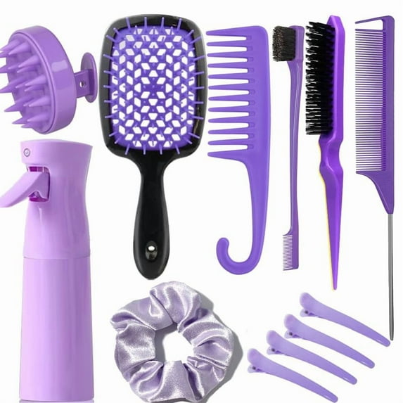 Square 12 Pcs Hair Brush Set, 3 Pieces Slick Back Hair Brushes for Toddlers, Women, Detangling Brush for Wet Dry Curly Hair, Edge Bristles Wide Tooth Rat Tail Combs for Baby Girls (purple)