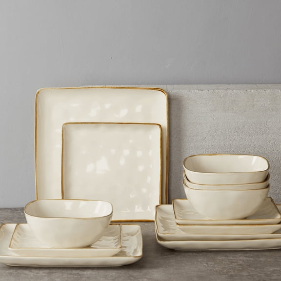 Square 12pcs Kitchen Plates And Bowls Sets, Dinnerware Sets for 4, Microwave And Dishwasher Safe, Scratch Resistant, White