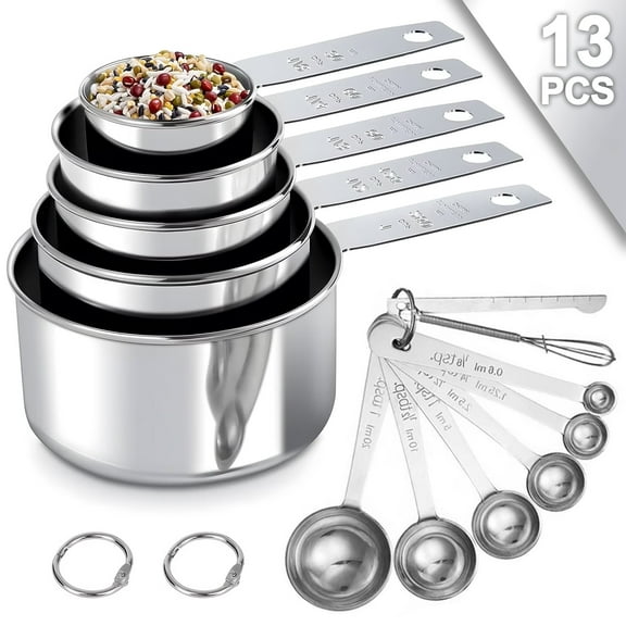 Square 13-Piece Stainless Steel Measuring Cups and Spoons Set, 5 Stainless Steel Measuring Cups,6 Stainless Steel Measuring Spoons &1 Measuring Stick Leveler &1 Mini Egg Whisk, kitchen tools for Cook