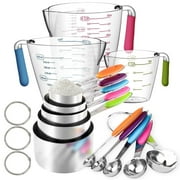 Square 14-Piece Measuring Cups and Spoons Set, Nesting Stainless Steel Measuring Cups Spoons with Plastic Measuring Cup for Dry and Liquid Ingredients, Kitchen Cooking & Baking Gadgets