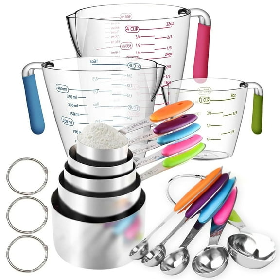 Square 14-Piece Measuring Cups and Spoons Set, Nesting Stainless Steel Measuring Cups Spoons with Plastic Measuring Cup for Dry and Liquid Ingredients, Kitchen Cooking & Baking Gadgets