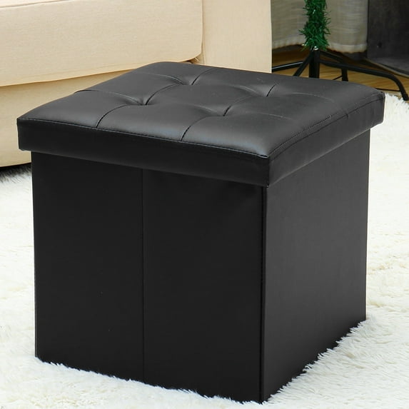 Square 15'' Storage Ottoman, Folding Faux Leather Ottoman Footrest Foot Stool, Collapsible Sofa Ottoman Bench Toy Chest for Home Living Room Bedroom, 15x15x15in, Black/Brown/ Beige