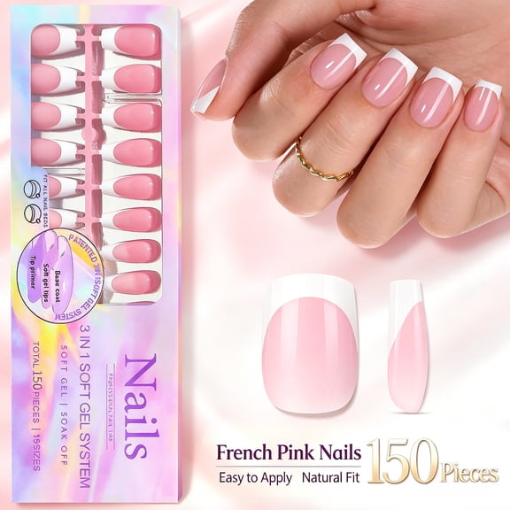 Square 150Pcs Pink Short Square Press On Nails - Soft Gel French Tip Fake Nails with Pre-Applied Design, DIY False Nail Tips Gift Set for Women