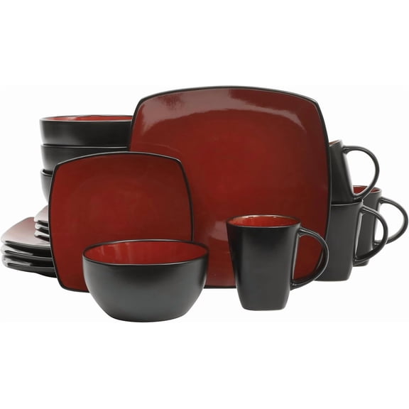 Square 16-Piece Dinnerware Set Service for 4 Reactive Glaze Stoneware Plates Bowls and Mugs Microwave and Dishwasher Safe Red and Black