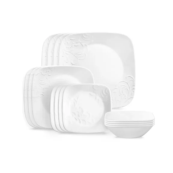 Square 16-Piece Dinnerware Set for 4, White with Floral Embossing