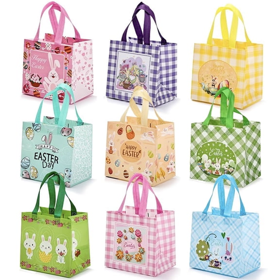 Square 18-Pack Reusable Easter Bags with Handles - Cute Bunny & Egg Pattern Foldable Tote Bags for Kids, Easter Gift Bags for Egg Hunts, Parties, Shopping & Gift Wrapping(Style 1)