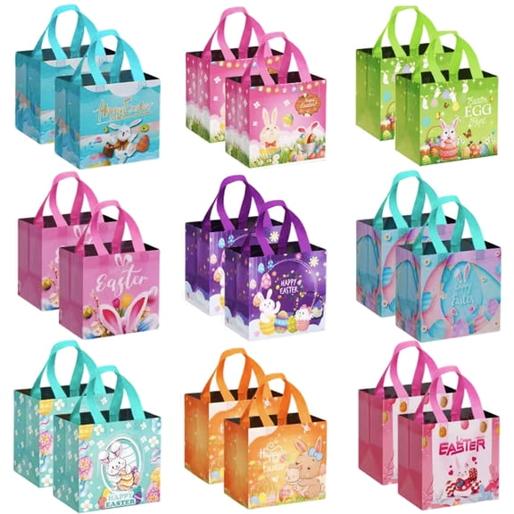 Square 18-Pack Reusable Easter Bags with Handles - Cute Bunny & Egg Pattern Foldable Tote Bags for Kids, Easter Gift Bags for Egg Hunts, Parties, Shopping & Gift Wrapping(Style 2)