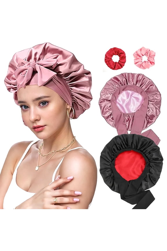 Double Layer Adjustable Tie Band Satin Silk Bonnet Sleep Cap for Sleeping, Double-Sided Color, 2 Pack