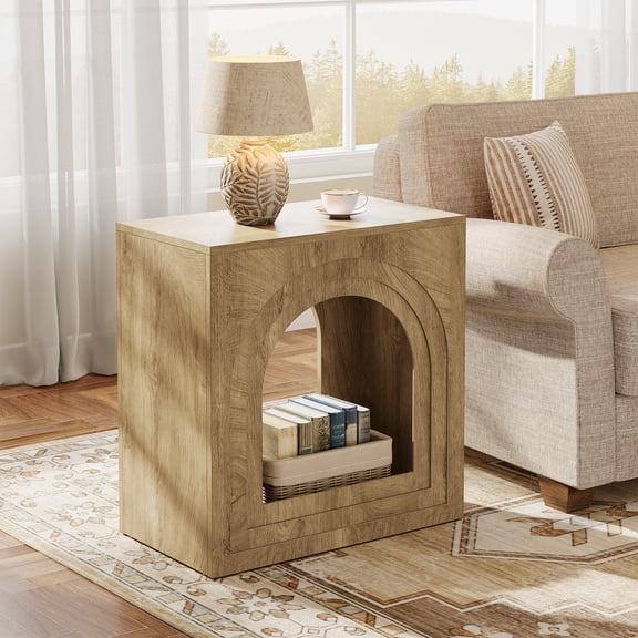Square 2-Tier Farmhouse End Table with Arched Open Shelf, Narrow Side Table for Small Spaces, Living Room or Bedroom