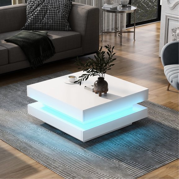 Square 2 - Tier with LED - Double - Layer Storage and Stable Support - Living Room - Creates Nice Ambiance
