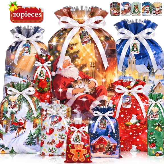 Square 20Pcs 2026 New Christmas Drawstring Gift Bags - Assorted Sizes Reusable Xmas Wrapping Bags for Presents, Holiday Party Favors & Birthday Goodie Bags