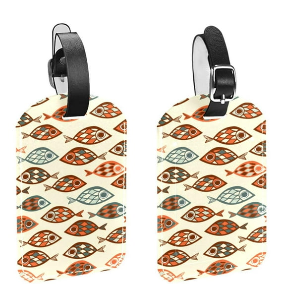 Square 2Pack PU Leather Abstract Fish Cruise Luggage Tag with Privacy Cover and Name ID Tag for Travel Handbags Backpacks Luggage Tags