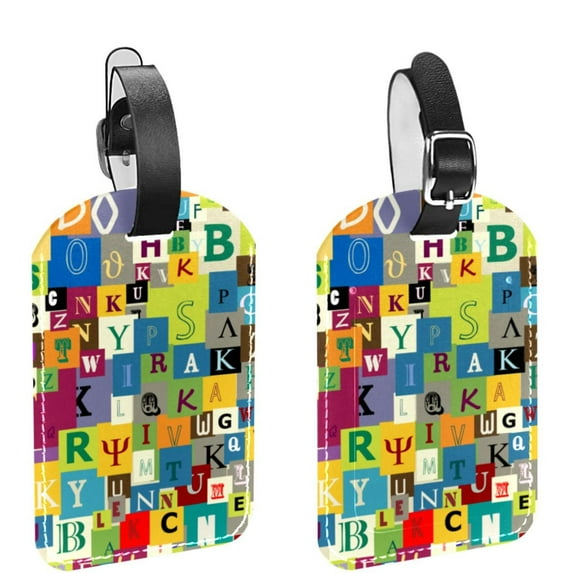 Square 2Pack PU Leather Abstract Letters Cruise Luggage Tag with Privacy Cover and Name ID Tag for Travel Handbags Backpacks Luggage Tags