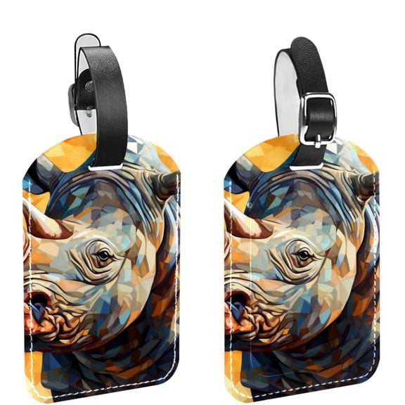 Square 2Pack PU Leather Abstract Rhinoceros Cruise Luggage Tag with Privacy Cover and Name ID Tag for Travel Handbags Backpacks Luggage Tags