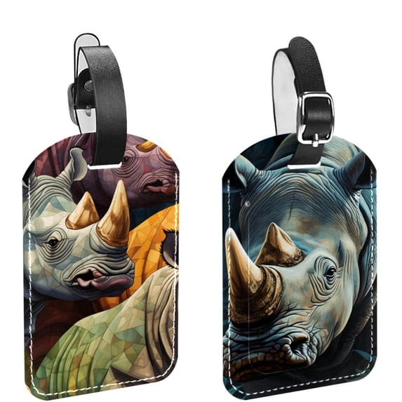 Square 2Pack PU Leather Abstract Rhinoceros Cruise Luggage Tag with Privacy Cover and Name ID Tag for Travel Handbags Backpacks Luggage Tags