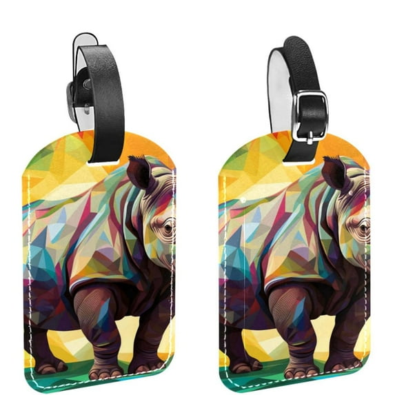 Square 2Pack PU Leather Abstract Rhinoceros Cruise Luggage Tag with Privacy Cover and Name ID Tag for Travel Handbags Backpacks Luggage Tags