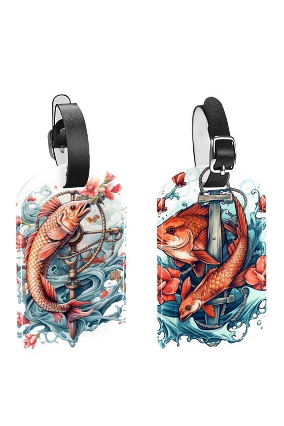 Square 2Pack PU Leather Anchor Fish Cruise Luggage Tag with Privacy Cover and Name ID Tag for Travel Handbags Backpacks Luggage Tags