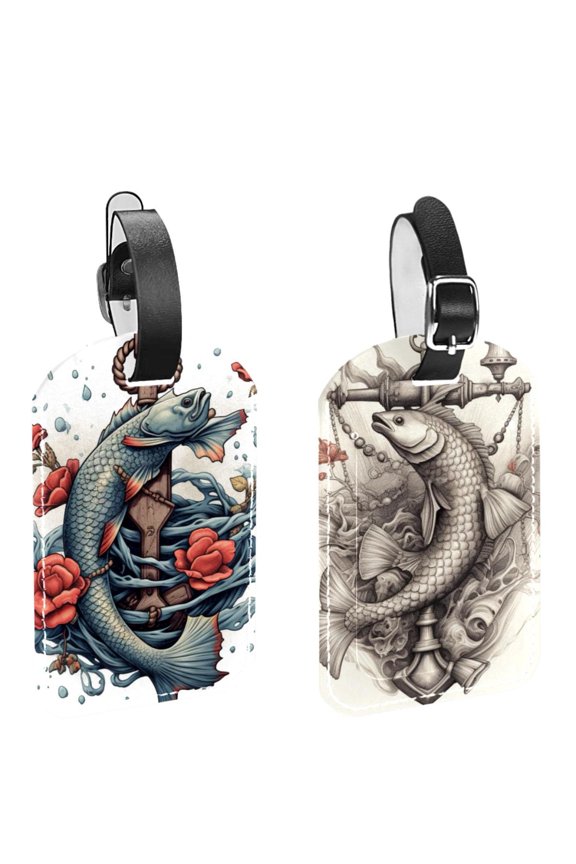 Square 2Pack PU Leather Anchor Fish Cruise Luggage Tag with Privacy Cover and Name ID Tag for Travel Handbags Backpacks Luggage Tags