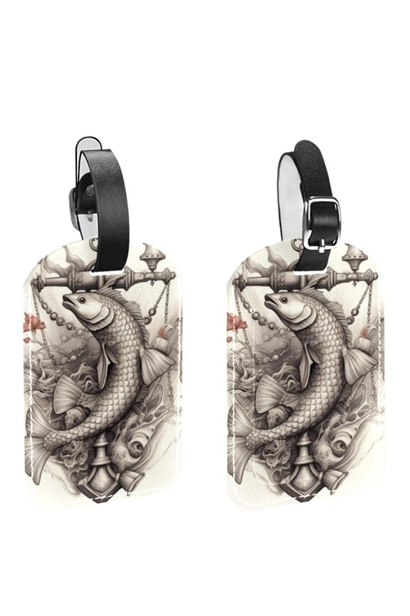 Square 2Pack PU Leather Anchor Fish Cruise Luggage Tag with Privacy Cover and Name ID Tag for Travel Handbags Backpacks Luggage Tags