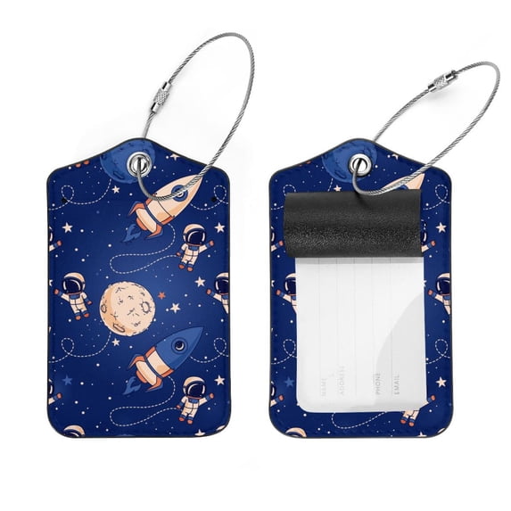 Square 2Pack PU Leather Astronaut Space Rockets Cruise Luggage Tag with Privacy Cover and Stainless Steel Ring - Suitable for Travel Handbags Backpacks Luggage Tags