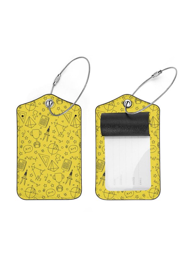 Square 2Pack PU Leather Back To School Yellow Cruise Luggage Tag with Privacy Cover and Stainless Steel Ring - Suitable for Travel Handbags Backpacks Luggage Tags