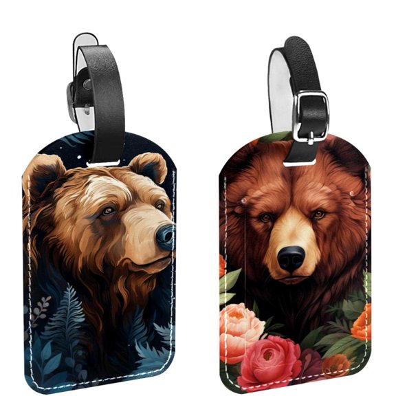 Square 2Pack PU Leather Bear Cruise Luggage Tag with Privacy Cover and Name ID Tag for Travel Handbags Backpacks Luggage Tags