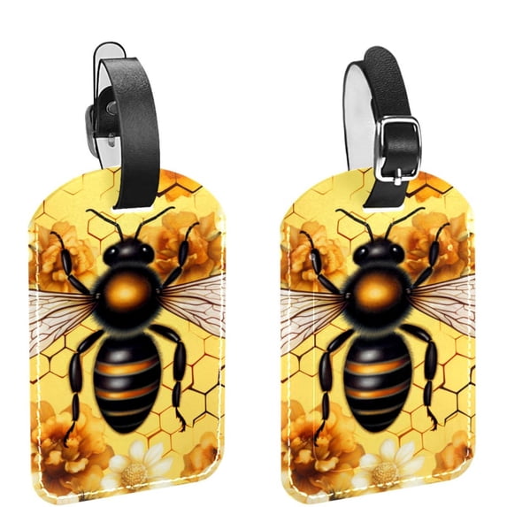 Square 2Pack PU Leather Bee Cruise Luggage Tag with Privacy Cover and Name ID Tag for Travel Handbags Backpacks Luggage Tags