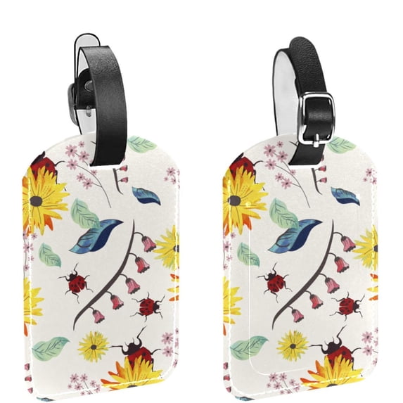 Square 2Pack PU Leather Blooming Ladybug Cruise Luggage Tag with Privacy Cover and Name ID Tag for Travel Handbags Backpacks Luggage Tags