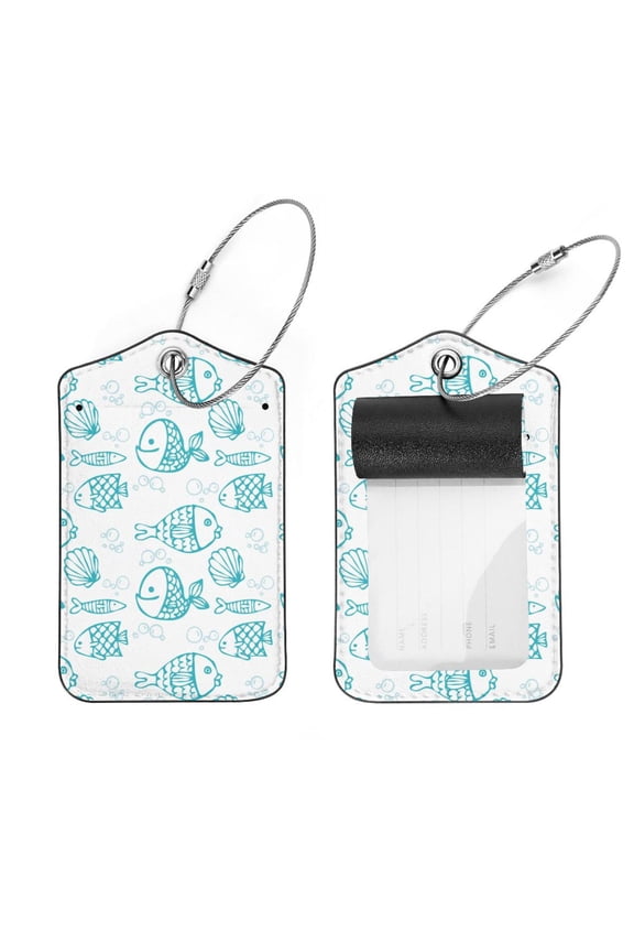 Square 2Pack PU Leather Blue Fish Pattern Swim Cruise Luggage Tag with Privacy Cover and Stainless Steel Ring - Suitable for Travel Handbags Backpacks Luggage Tags