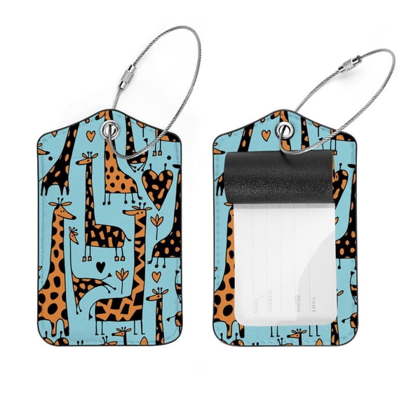 Square 2Pack PU Leather Blue Giraffe Cruise Luggage Tag with Privacy Cover and Stainless Steel Ring - Suitable for Travel Handbags Backpacks Luggage Tags