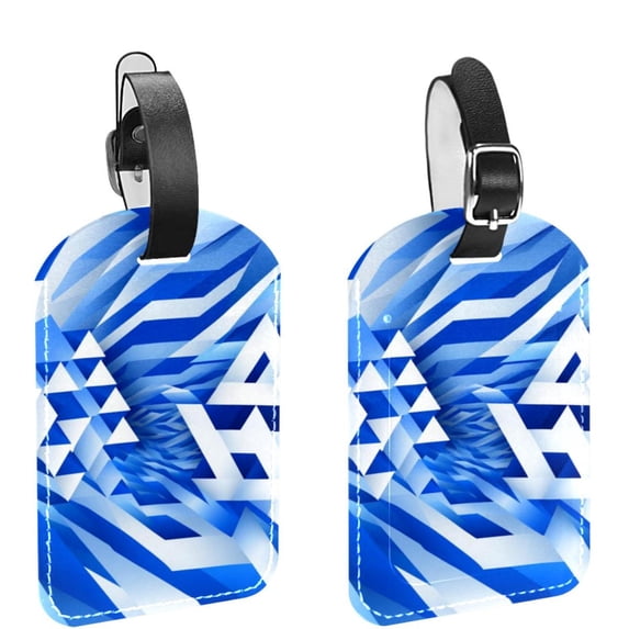 Square 2Pack PU Leather Blue and White Geometry Cruise Luggage Tag with Privacy Cover and Name ID Tag for Travel Handbags Backpacks Luggage Tags