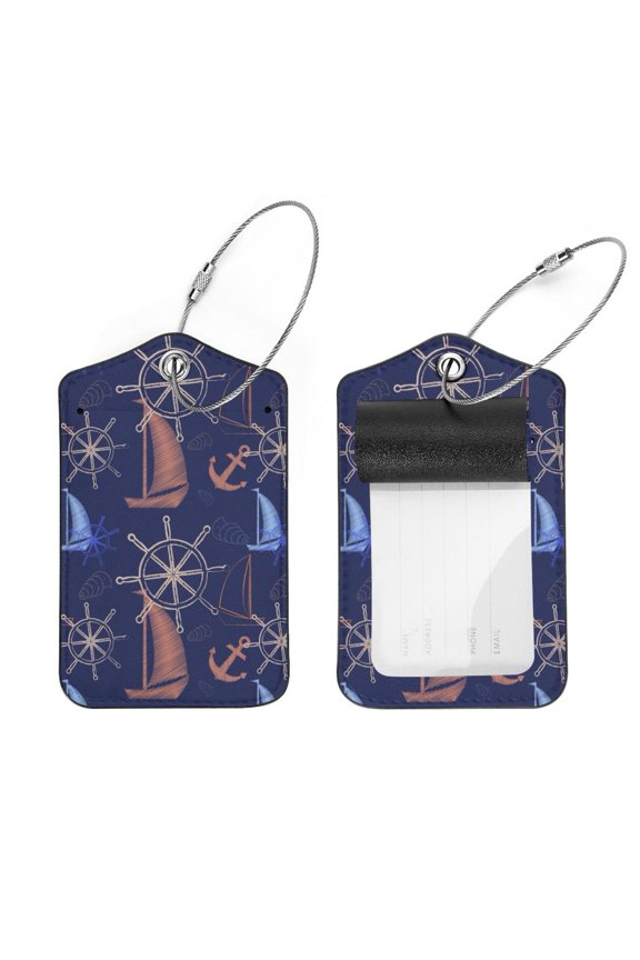 Square 2Pack PU Leather Boat Pattern Cruise Luggage Tag with Privacy Cover and Stainless Steel Ring - Suitable for Travel Handbags Backpacks Luggage Tags