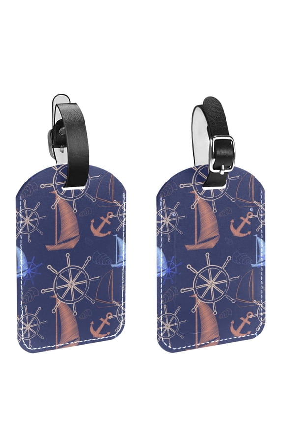 Square 2Pack PU Leather Boat Pattern Cruise Luggage Tag with Privacy Cover and Name ID Tag for Travel Handbags Backpacks Luggage Tags