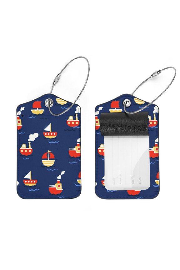 Square 2Pack PU Leather Boats Blue Cruise Luggage Tag with Privacy Cover and Stainless Steel Ring - Suitable for Travel Handbags Backpacks Luggage Tags