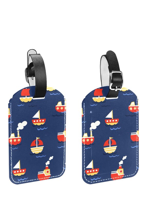 Square 2Pack PU Leather Boats Blue Cruise Luggage Tag with Privacy Cover and Name ID Tag for Travel Handbags Backpacks Luggage Tags