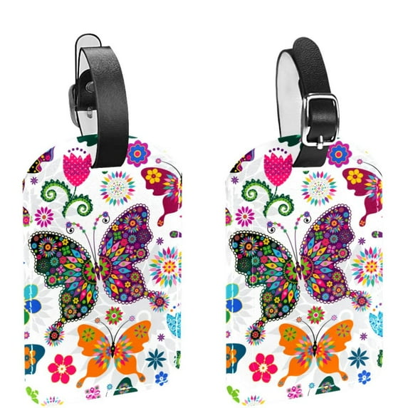 Square 2Pack PU Leather Butterfly Cruise Luggage Tag with Privacy Cover and Name ID Tag for Travel Handbags Backpacks Luggage Tags